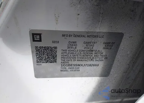 2018 Chevrolet Cruze Lt Auto z USA, uszkodzony, nr VIN 1G1BE5SMXJ7182668